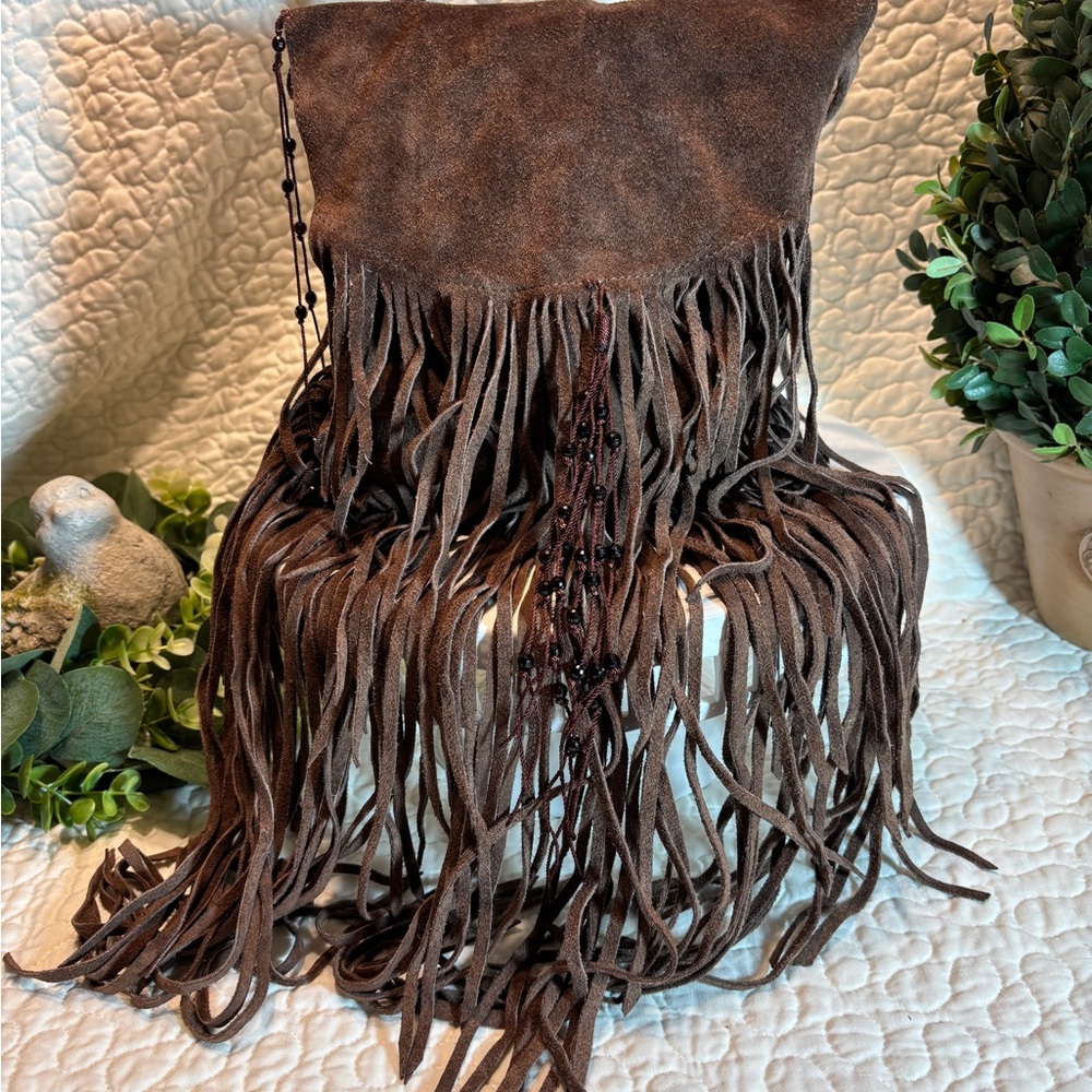Brown Suede Fringe Hippie Style Bead Embellished Crossbody Bag
